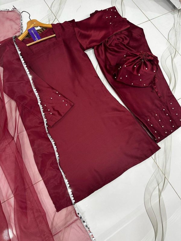 MZ77400000067NRNACN-media-3 Elegant Maroon Shamoz Silk Women's Stitched Suit - 4 Pcs Set